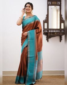 Type: Saree Saree Color: brown Blouse Color: Blue Saree Length: 6.3 Mtrs( With Blouse ) Blouse Length: 0.80 Mtrs Fabric: Soft Silk Work: Weaving Care instruction: Hand Wash Product Code: 90494 Brown Blouse, Blue Saree, Banarasi Sarees