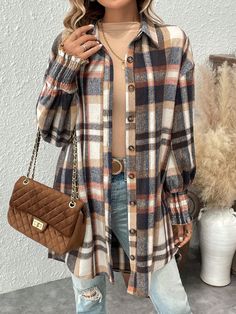 Women's Casual Plaid Front Button Shirt Dress, Autumn Multicolor Casual  Long Sleeve Woven Fabric Plaid  Non-Stretch  Women Clothing, size features are:Bust: ,Length: ,Sleeve Length: Oversized Casual Plaid Cardigan, Trendy Plaid Long Sleeve Cardigan, Plaid Long Sleeve Outerwear With Button Closure, Oversized Plaid Long Sleeve Cardigan, Cozy Plaid Long Sleeve Shacket, Button Shirt Dress, Dress Autumn, Matching Halloween, Long Gloves