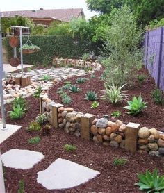 a garden with rocks and plants in the center, along side a fenced area