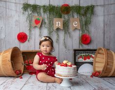 strawberries, cake, first birthday, photo, baby, strawberry, birthday, Strawberry Themed Cake, Strawberry Cake Smash, Themed Cake Smash, First Birthday Photoshoot, Cake Smash Photo Shoot, Berry First Birthday