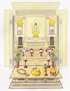 a drawing of an altar with flowers and candles on it's side, in front of a buddha statue