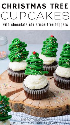 christmas tree cupcakes with chocolate frosting and sprinkles on top