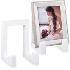 two white frames with a woman in a wedding dress on the left and a flower bouquet on the right