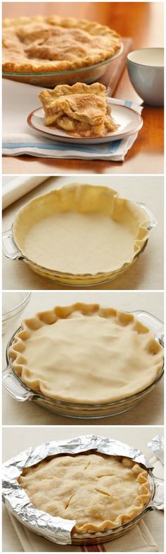 three different views of pie crusts in pans