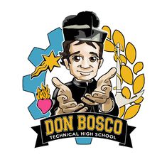 the logo for don bosco technical high school, with a cartoon character holding his hands up