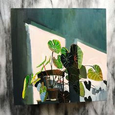 a painting of a potted plant in front of a window with green leaves on it