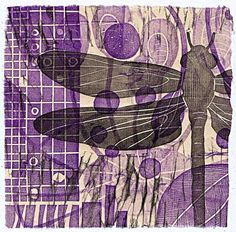 an image of a dragonfly on a purple and white checkerboard paper background