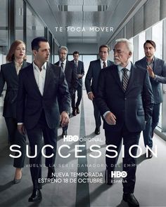 a group of men in suits walking down a hallway with the words succession on it