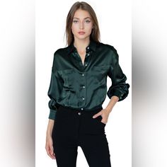 Small New Woman’s Long Sleeve Satin Button Down Shirt With Ruffled Edge Satin Button Down Shirt, Button Down Shirts, New Woman, Button Downs, Button Down Shirt, Womens Tops, Satin, Long Sleeve, Green