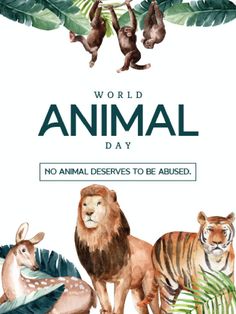 the world animal day poster is shown with animals hanging from palm leaves and monkeys on it