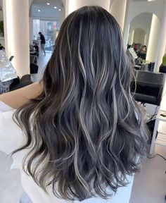 :) Hair Highlights Streaks, Dark Hair With White Highlights Underneath, Dark Hair With Ashy Balayage, Partial Blonde Highlights On Black Hair, Ash Streaks On Black Hair, High Contrast Babylights, Black And Ashy Hair, Black Hair With Skunk Highlights, Dimension Black Hair