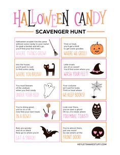 a halloween candy scavenger hunt is shown in this printable activity for kids