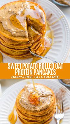 sweet potato rolled oat protein pancakes with dairy - free glutenfree syrup