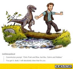 a man walking across a log over a river next to a dinosaur