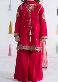 Maria.B Girl's Embroidered Doria Cotton Palazzo Suit - db26596 Embellished Cotton Sets For Eid, Red Cotton Party Sets, Elegant Long Sleeve Dress-up Sets, Festive Cotton Sets For Party, Red Party Wear Sets For Eid, Eid Party Wear Sets With Floral Embroidery, Festive Floral Embroidery Party Sets, Red Dabka Party Wear Sets, Cotton Party Sets With Dabka Work