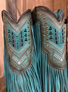 Corral Women's Fringed White Hair on Hide Cowgirl Boots C4081 | Painted Cowgirl Western Store Snip Toe Cowgirl Boots, Turquoise Boots, Turquoise Crystals, Western Store, Turquoise Crystal, Cowgirl Western, Edgy Style, Blue Embroidery, Stylish Boots