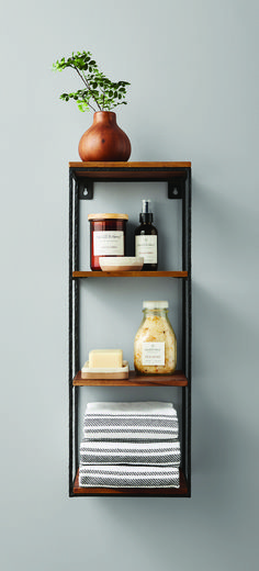 a shelf with three shelves holding various items and a potted plant next to it