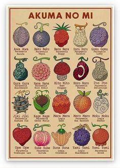 a poster with different kinds of fruits and vegetables on it's back side, including the words akuma no mi