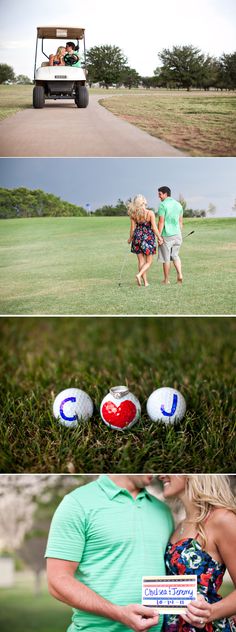 two people are playing golf in the grass and one is holding a sign that says i love