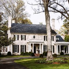 a large white house sitting on top of a lush green field next to a tree