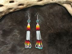 Authentic Beautiful Native American Indian Jewelry Navajo Hand Beaded Long Dangle Earrings with Kingman Turquoise  Great for a gift❤️ Handcrafted by Navajo Artist R. Sellers These beautiful earrings are 5" in length and 1" in width. Southwestern Beaded Fringe Dangle Earrings, Southwestern Style Beaded Fringe Dangle Earrings, Southwestern Beaded Fringe Dangle Jewelry, Southwestern Style Dangle Jewelry With Beaded Fringe, Southwestern Style Beaded Fringe Dangle Jewelry, Southwestern Adjustable Dangling Bead Earrings, Southwestern Style Beaded Earrings For Festival, Southwestern Adjustable Beaded Fringe Earrings, Adjustable Southwestern Beaded Earrings