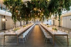 the long table is set with white linens and greenery hanging from the ceiling