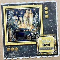 a christmas card with an old car in the background and some gold ornaments around it