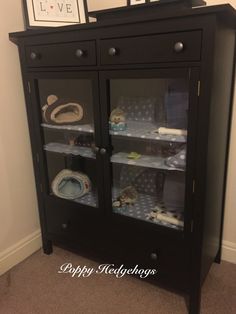 a black china cabinet with glass doors and shelves on the bottom, in front of a white wall