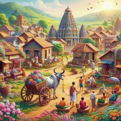 Village Culture Painting, Village Pics Indian, Indian Village Drawing, Village Photos Indian, Alakh Niranjan, Village Life Painting, Village Life In India, Village Scene Painting, Anime Indian