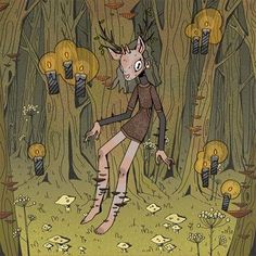 an illustration of a woman in the woods surrounded by trees with candles and mushrooms on them