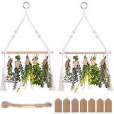 two hanging planters with tags attached to them, one is filled with greenery