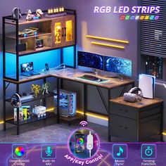 an image of a computer desk with blue lights and various items on it, including headphones