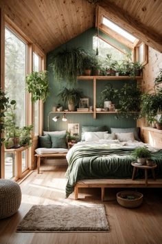 a bedroom with green walls and wooden flooring, plants on shelves above the bed