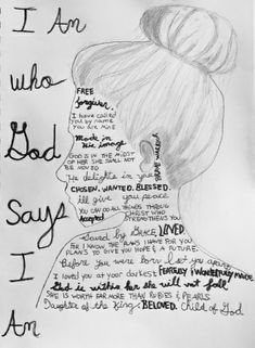 a drawing of a woman's head with words written on it and the words i am