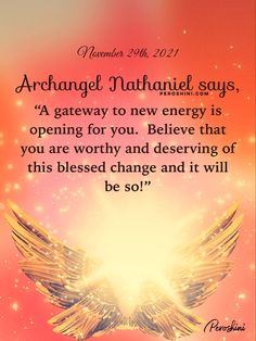 an orange and pink background with a quote from the book, archangel nathani says