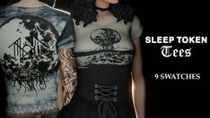 two mannequins with different designs on their body, one is wearing a t - shirt that says sleep token trees