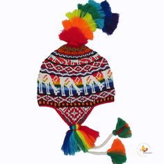 "This colorful Chullo is a handmade hat made by indigenous from the Andes in Pisac Cusco - PERU, woven in multicolored wool yarn, with ear flaps and decorated with beads all around, which are sewn one by one. This particular one has a design of the \"Andean Llama\",South American camelid from the Andean cultures. If laid flat, the Chullo alone is approximately 12\" long x 10.5\" wide. Including the pompoms on the bottom and all of the top, it measures from end to end 32\" approximately The CHULLO (in Aymara -Quechua: Ch'u llu) is a hat with earmuffs woven in alpaca wool or sheep wool and in combination with synthetic fibers. It is native to the South American Andean highlands, where it is used to protect against the cold weather. In Peru it is characterized by wearing multicolored, its ear Handmade Multicolor Patterns For Festival, Multicolor Alpaca Bohemian Hats, Bohemian Multicolor Patterns For Crafting, Multicolor Bohemian Patterns For Crafting, Handmade Multicolor Winter Crafts, Multicolor Hand Knitted Patterns For Crafting, Handmade Multicolor Hat As A Gift, Hand Knitted Multicolor Crafts, Artisan Multicolor Hats As Gifts