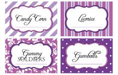 four purple and white labels with the words candy corn, gummy gliders, lemonade