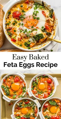 easy baked feta eggs recipe with spinach and tomatoes in a casserole dish