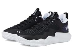 the under armour basketball shoe is black with white accents and has an upper lace at the top