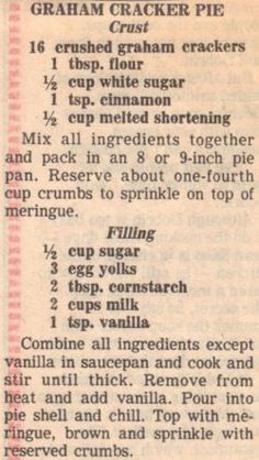 an old recipe for graham cracker pie