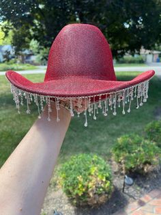 Red sparkle cowboy hat with silver rhinestone fringe , can also be made with gold fringe . Western Party Hat With Rhinestone Fringe, Western Style Adjustable Hat With Rhinestone Fringe, Adjustable Festival Hats With Rhinestone Fringe, Adjustable Rhinestone Fringe Hat For Festivals, Red Western-style Party Hat, Red Western Style Party Hat, Sparkle Cowboy Hat, Baby Cowboy Hat, Cowgirl Hats Western