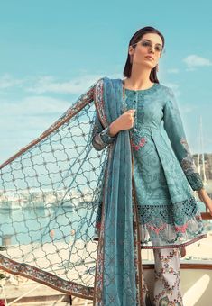 Asian Stylish Lawn Dress by Sobia Nazir In Stylish Paplam Shirt And Boot Pants.Work Embellished With Pure Dhaga Embroidery & Cutwork Patches. Eastern Clothes, Boot Pants, Sobia Nazir, Shopping Luxury, New Kurti Designs, Pakistani Couture, Embroidered Suit, Online Shipping