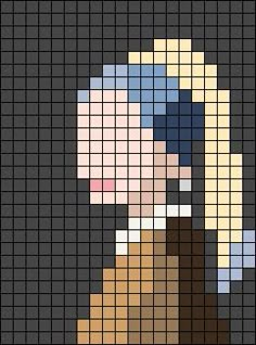 a cross stitch pattern of a woman with blue hair