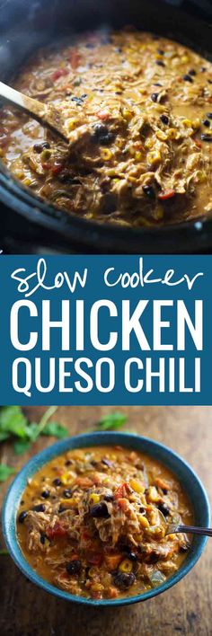 slow cooker chicken quesodilla in a blue bowl with the title above it