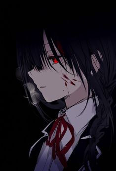 an anime character with red eyes and long black hair, wearing a white shirt in the dark