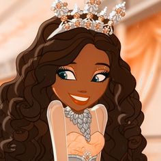 an animated image of a woman with long hair wearing a tiara and smiling at the camera