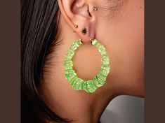 14K yellow gold over sterling silver bamboo hoops in lime. Our bamboo hoops are a Queens must-have. These are a classic 90s hoop, but with a 2022 twist! These are one of our best selling items. The glass like acrylic makes these hoops shine. Green Hoop Earrings For Spring, Trendy Green Hoop Earrings For Spring, Trendy Small Hoop Earrings In Green, Green Small Hoop Earrings For Spring, Trendy Small Hoop Green Earrings, Trendy Green Small Hoop Earrings, Green Small Hoop Earrings For Summer, Small Green Hoop Earrings For Summer, Trendy Green Hoop Earrings