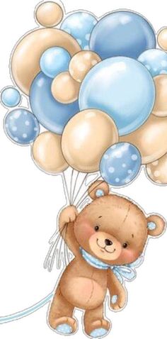 a brown teddy bear holding blue and white balloons in it's mouth while flying through the air