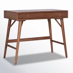 a wooden desk with two drawers on the top and one drawer at the bottom, against a white background